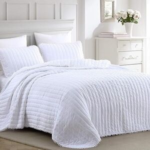 3-Piece White Pom Pom Quilt Comforter Set, White, (Queen)